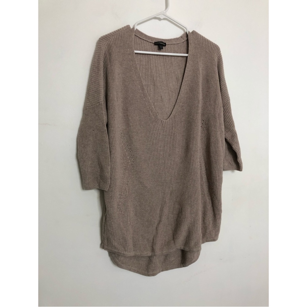 Express Women Taupe/Grey V-Neck Sweater 3/4 Sleeve